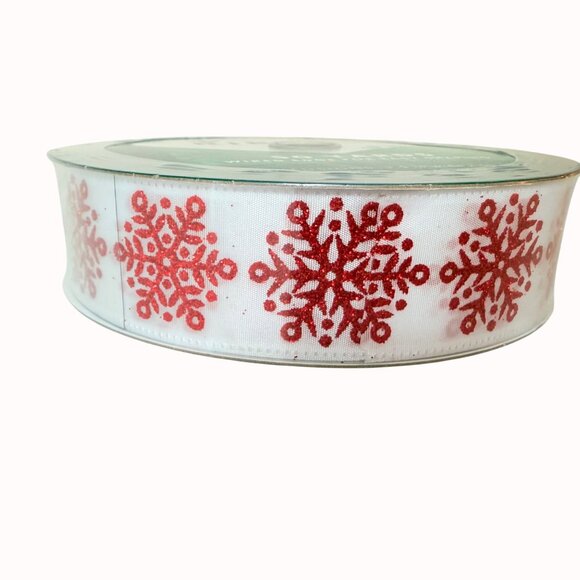 Holiday Red Glitter Snowflake Ribbon Christmas Wired Edge 50 Yards 1.5 Inch Wide - Picture 4 of 6